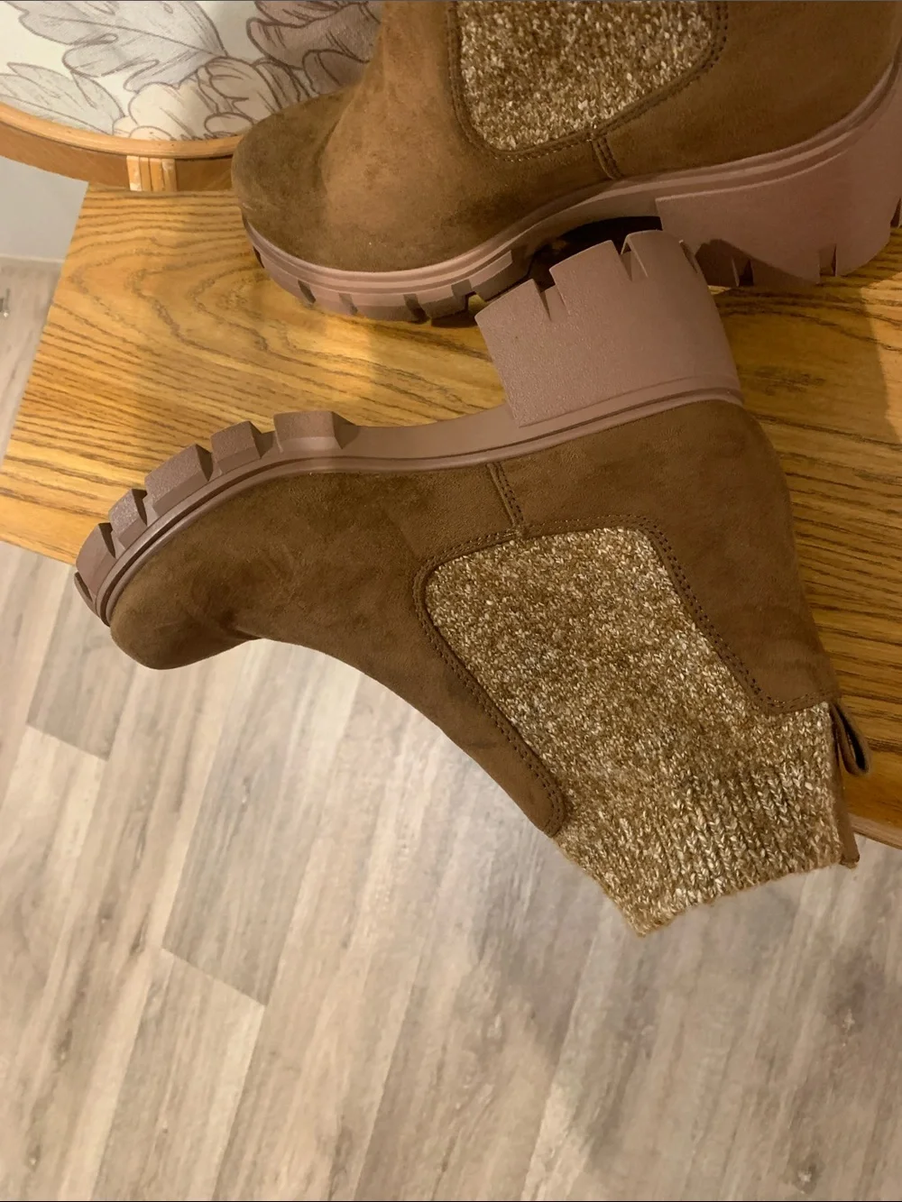 Women's Brown Suede Chunky Chelsea Boot with Knit Collar